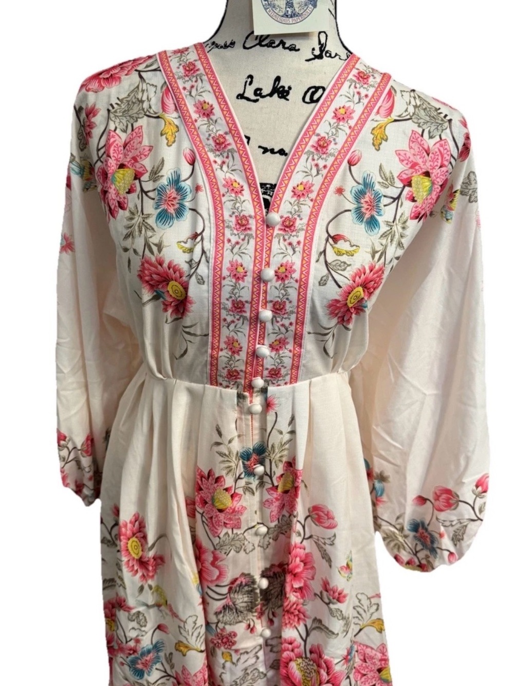 Greta  Pink Lotus Floral Women V-Neck Dress Size Large